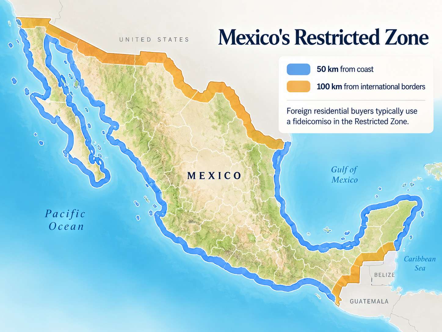 Map of Mexico showing the 50 kilometre coastal Restricted Zone and 100 kilometre international border Restricted Zone